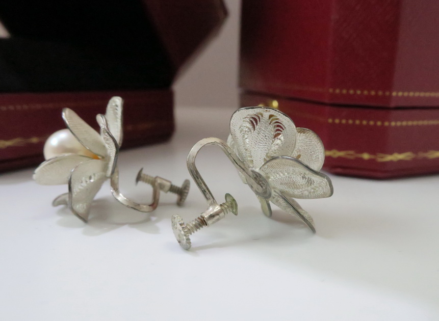 天然珍珠耳環/耳夾 山茶花造型 純手工打造 高貴典雅 3