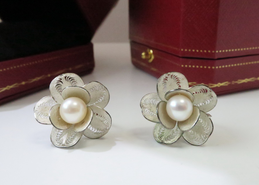 天然珍珠耳環/耳夾 山茶花造型 純手工打造 高貴典雅 2