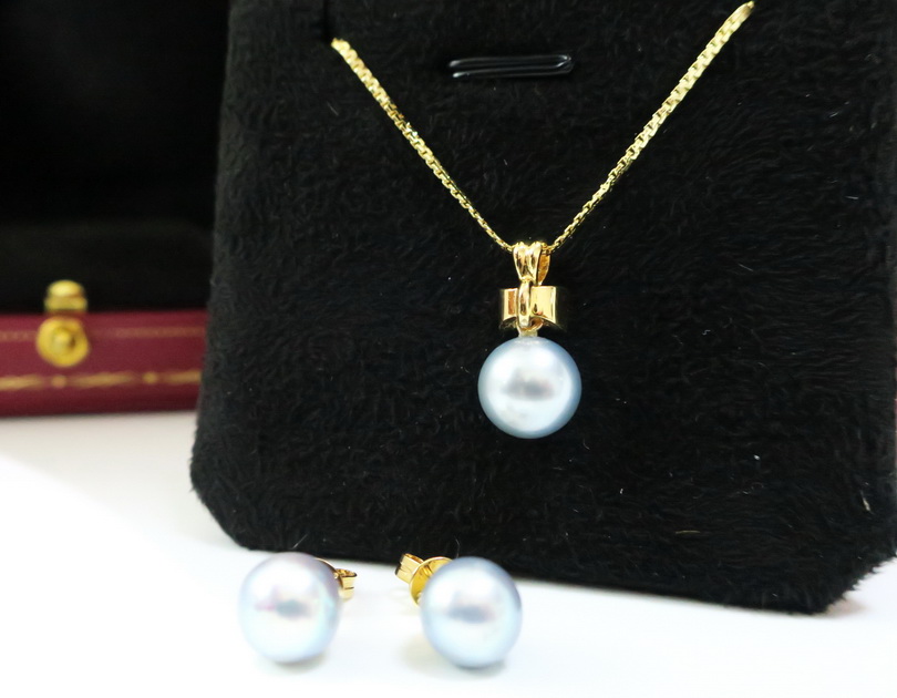 天然 銀色珍珠耳環/耳釘 項鍊套組 黃K金 高貴典雅 3