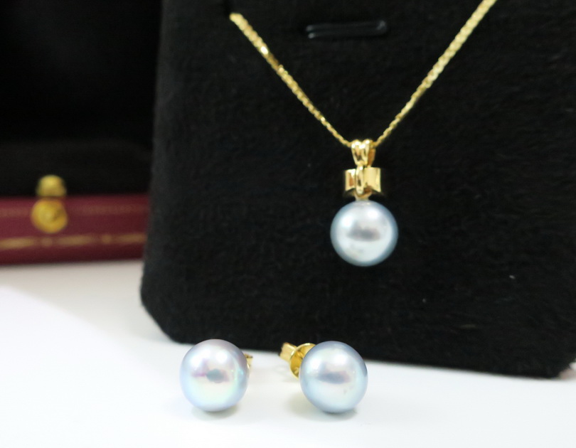 天然 銀色珍珠耳環/耳釘 項鍊套組 黃K金 高貴典雅 2