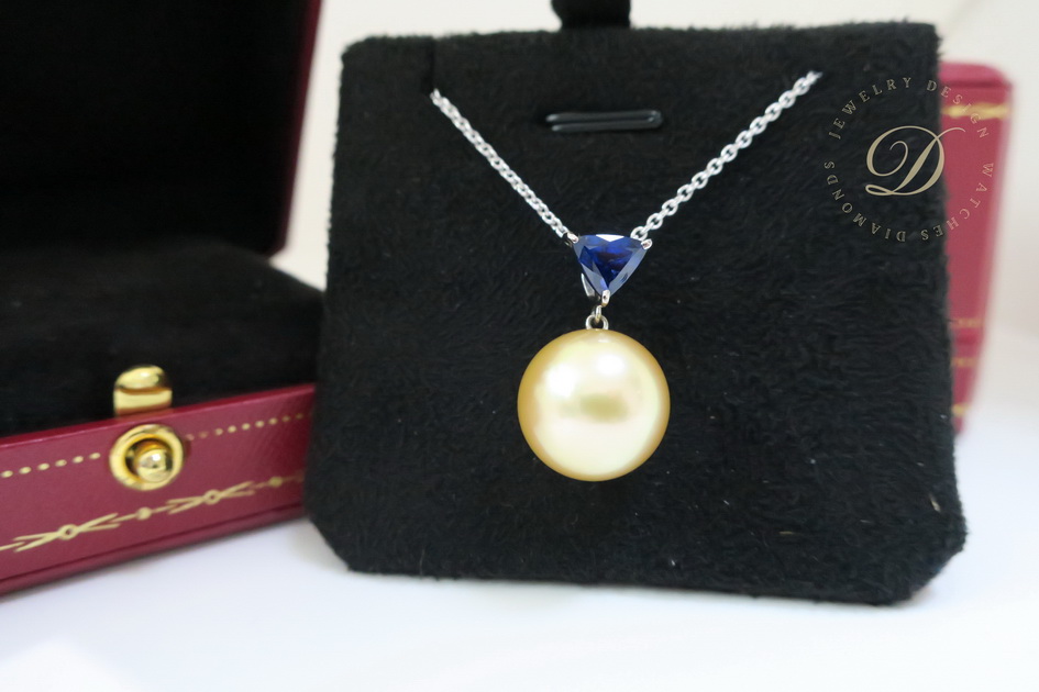 天然 南洋金色珍珠項鍊/吊墬 鑲藍寶石1.26克拉 高貴典雅