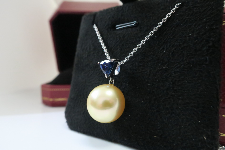 天然 南洋金色珍珠項鍊/吊墬 鑲藍寶石1.26克拉 高貴典雅 2