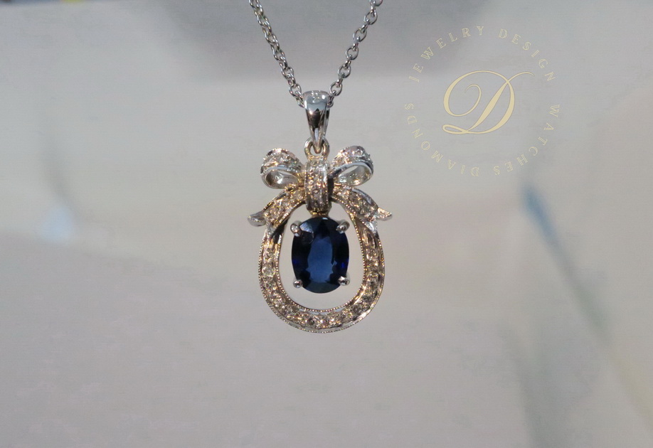 天然 藍寶石/鑽石項鍊 蝴蝶結造型 18K白金打造 高貴典雅