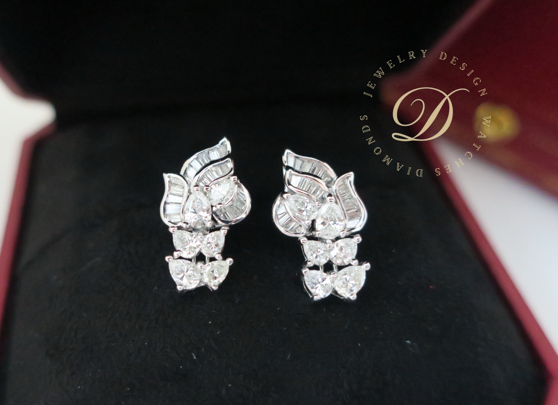 天然 鑽石耳環/耳飾 18K金 天然水滴鑽+排鑽 總重約2克拉 閃閃動人