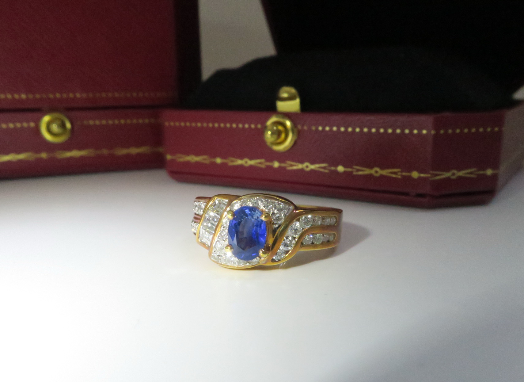 天然 藍寶石 鑲崁 鑽石/梯鑽 戒台/戒指 18K金 4