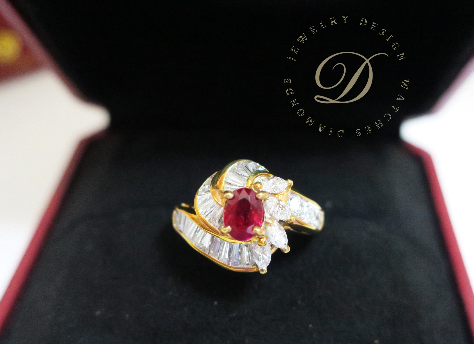 天然 紅寶石87分 鑲崁 鑽石/梯鑽/馬眼鑽 總重1.13克拉 戒台/戒指 18K金