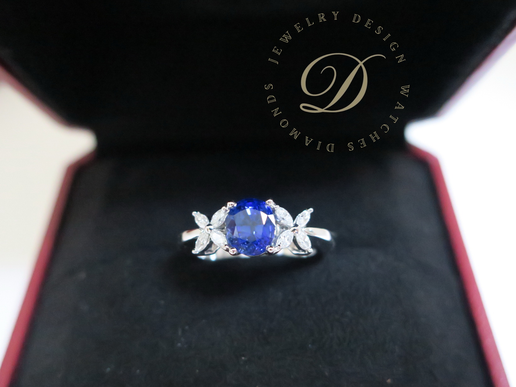 天然 頂級藍寶石1.64克拉 鑲崁 馬眼鑽石1.39克拉 戒台/戒指 18K金