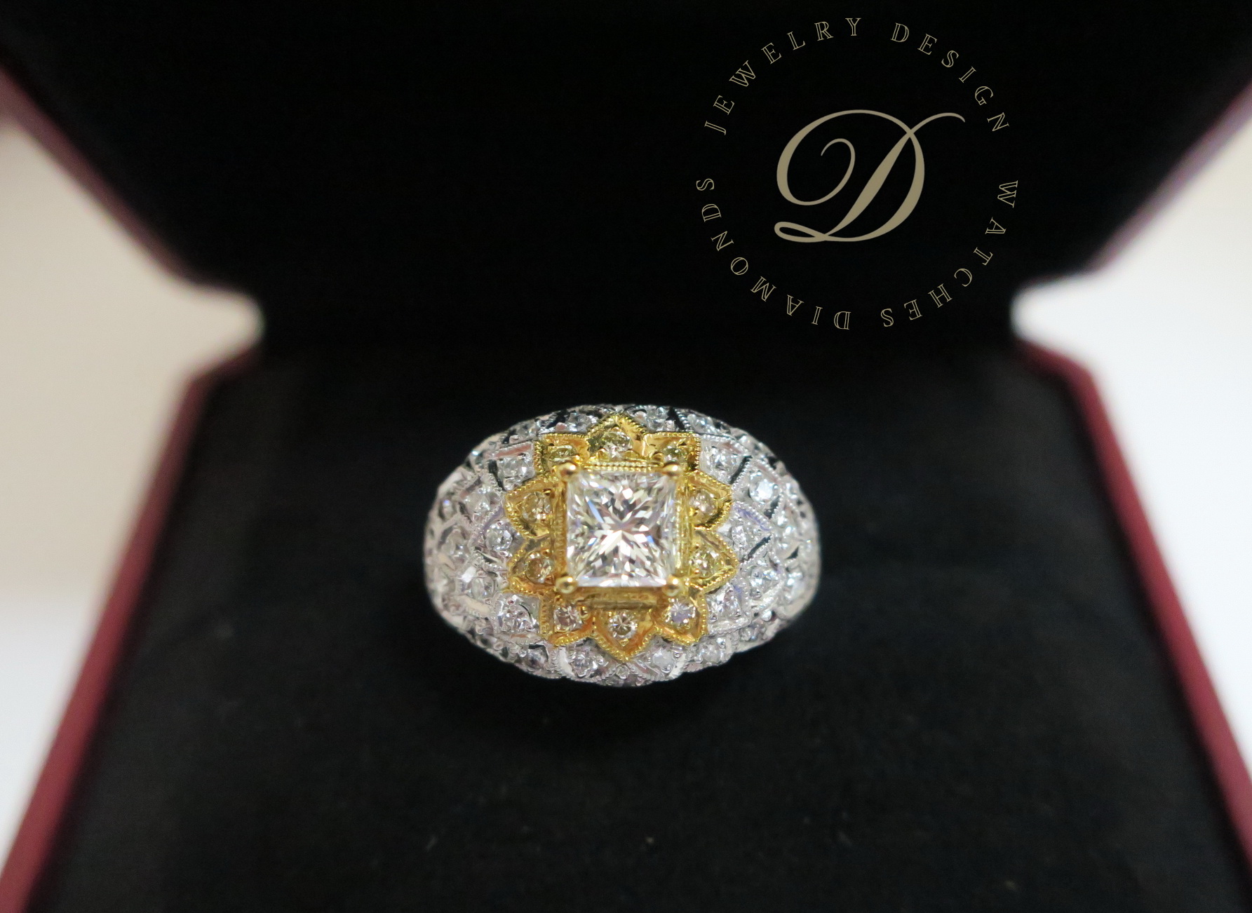 天然 方鑽/四方鑽1.28克拉 鑲崁 配鑽 羽毛造型 戒台/戒指 18K金