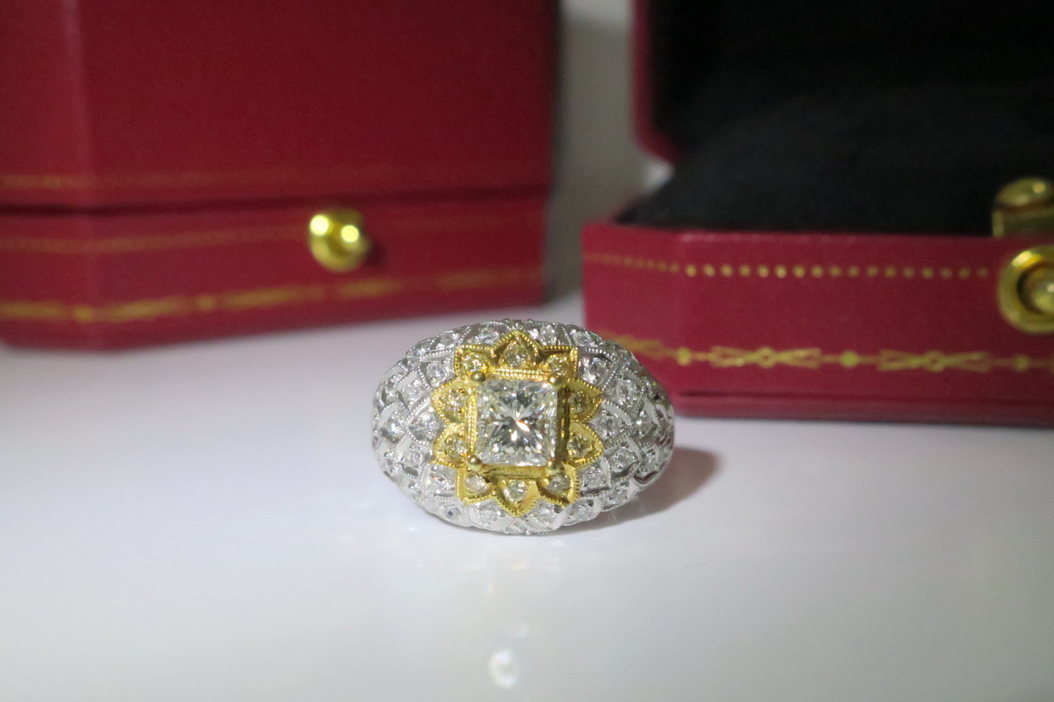 天然 方鑽/四方鑽1.28克拉 鑲崁 配鑽 羽毛造型 戒台/戒指 18K金 4