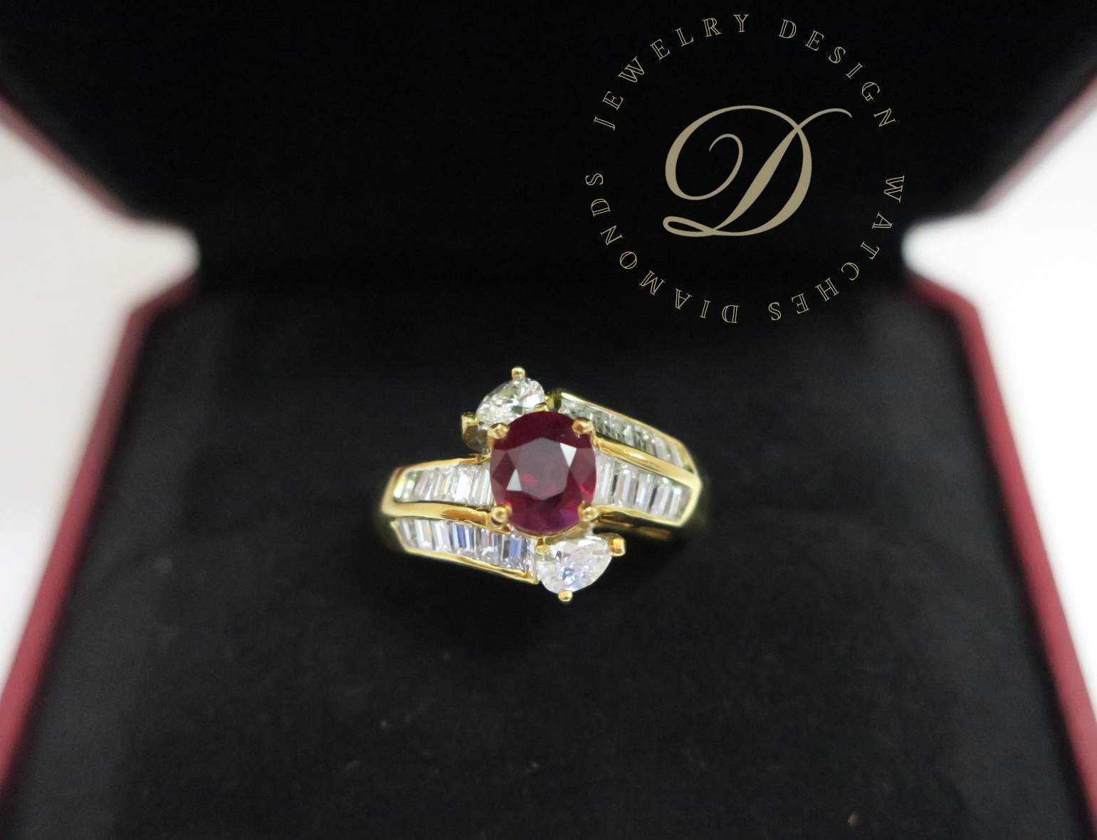 天然 紅寶石1.14克拉 鑲崁 鑽石/梯鑽/水滴鑽 戒台/戒指 18K金