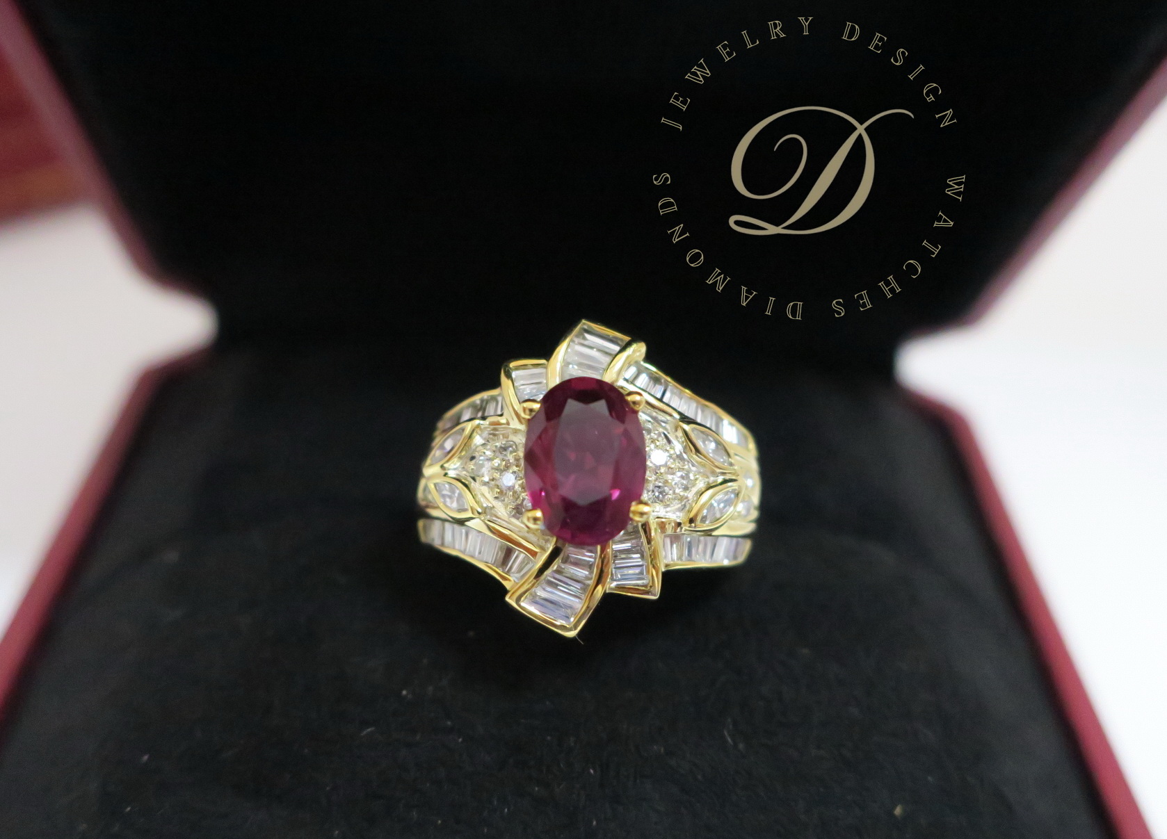 天然 紅寶石1.73克拉 鑲崁 鑽石/梯鑽/馬眼鑽 戒台/戒指 18K金