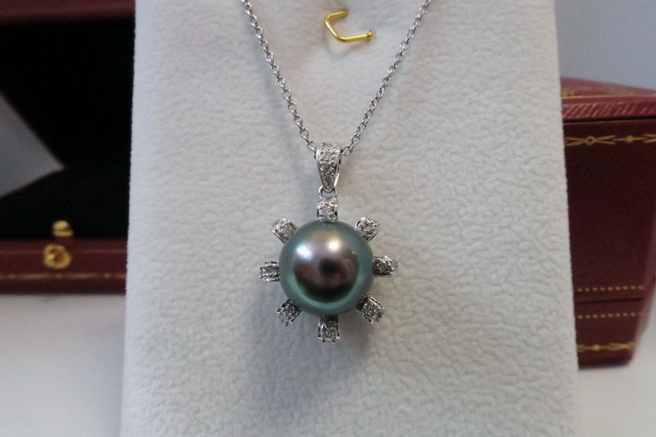 天然 南洋黑色珍珠項鍊/吊墬 鑲崁太陽光芒鑽石 高貴典雅