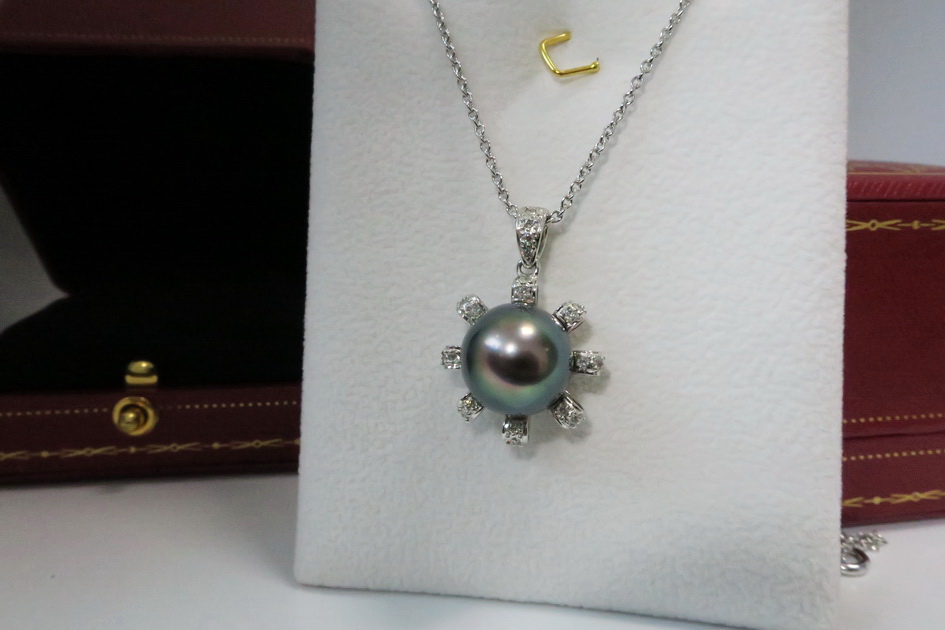 天然 南洋黑色珍珠項鍊/吊墬 鑲崁太陽光芒鑽石 高貴典雅 2