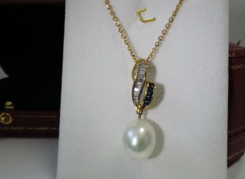 天然 南洋白色珍珠項鍊/吊墬 鑲崁藍寶石及白鑽樣式 高貴典雅 2