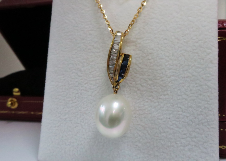 天然 南洋白色珍珠項鍊/吊墬 鑲崁藍寶石及白鑽樣式 高貴典雅 3