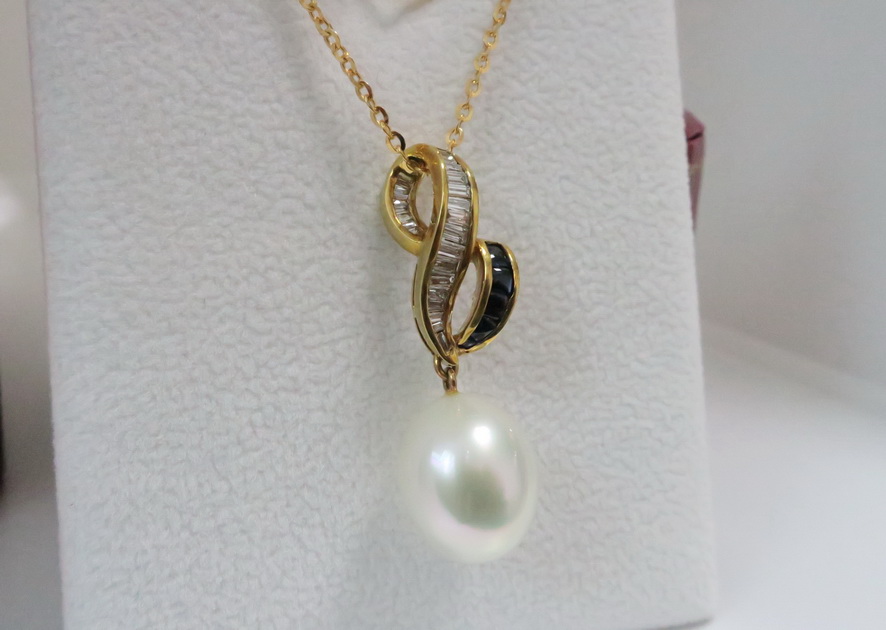 天然 南洋白色珍珠項鍊/吊墬 鑲崁藍寶石及白鑽樣式 高貴典雅 4