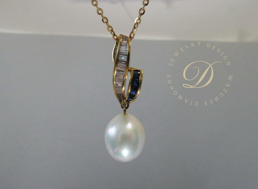 天然 南洋白色珍珠項鍊/吊墬 鑲崁藍寶石及白鑽樣式 高貴典雅