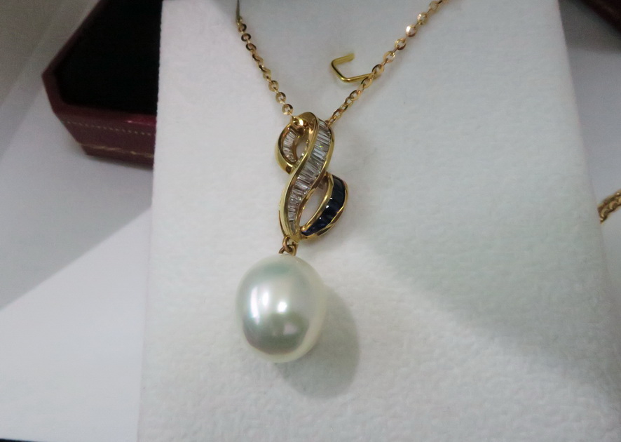 天然 南洋白色珍珠項鍊/吊墬 鑲崁藍寶石及白鑽樣式 高貴典雅 5