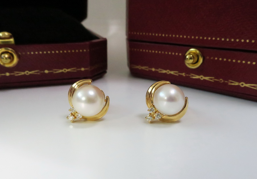 天然 白色珍珠耳環/耳飾 18K金 鑲天然白鑽 高貴典雅 2