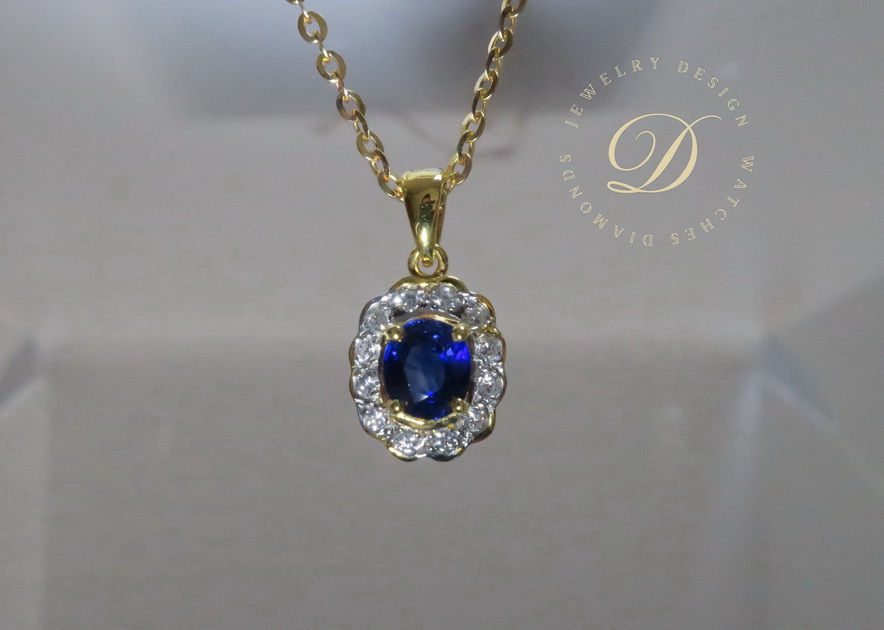 天然 藍寶石項鍊/吊墬 鑲崁天然白鑽 優雅高尚