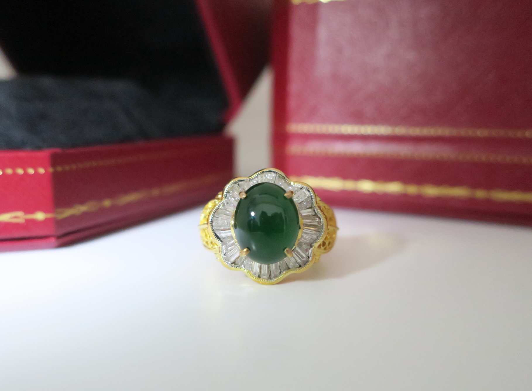 天然 A貨翡翠 高品質 縷空戒指 18K金鑲真鑽戒台 藝品雕工技術 5