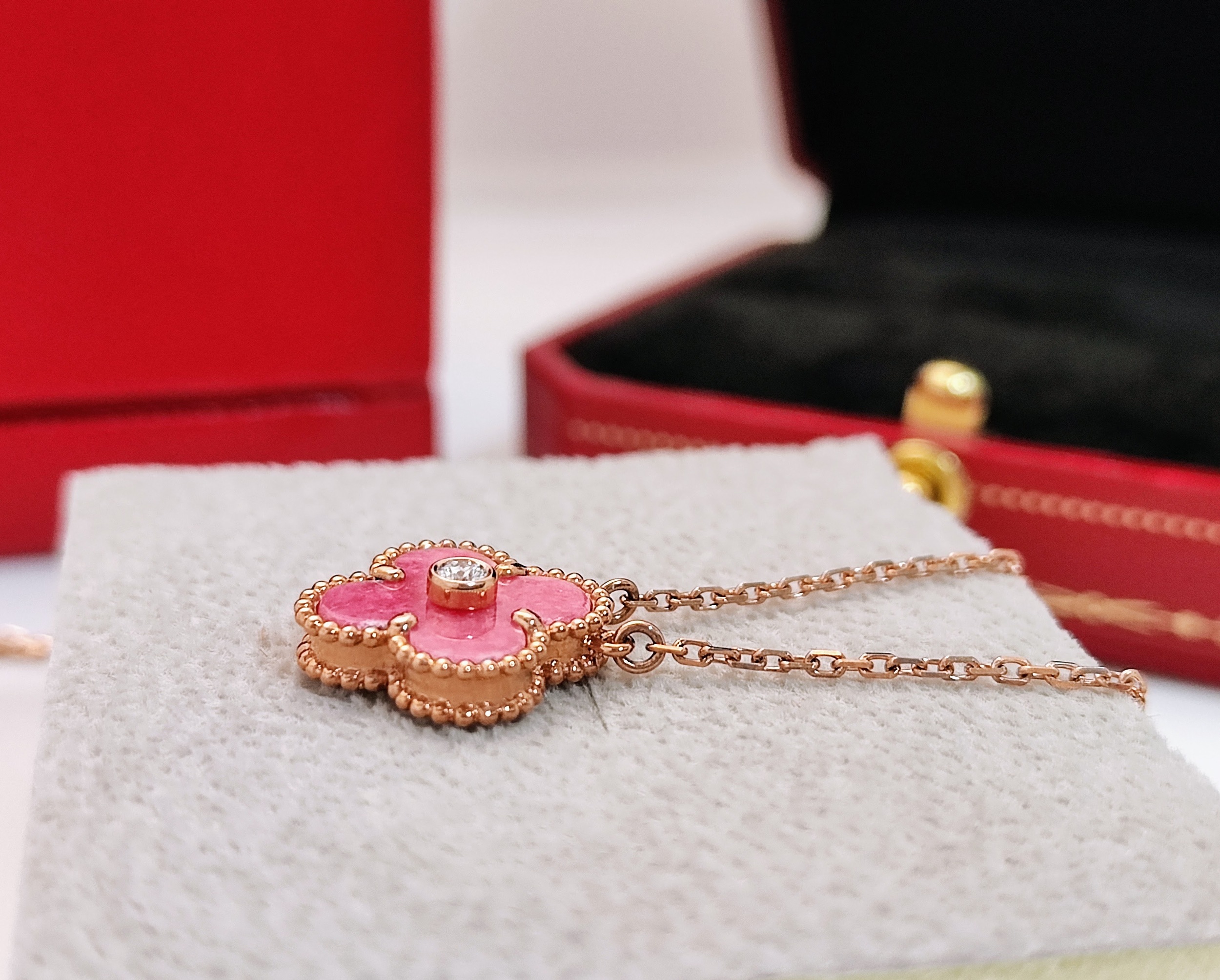 小資首選 幸運草 四葉草項鍊/吊墬 18K玫瑰金 粉紅輝石 鑲天然真鑽 3