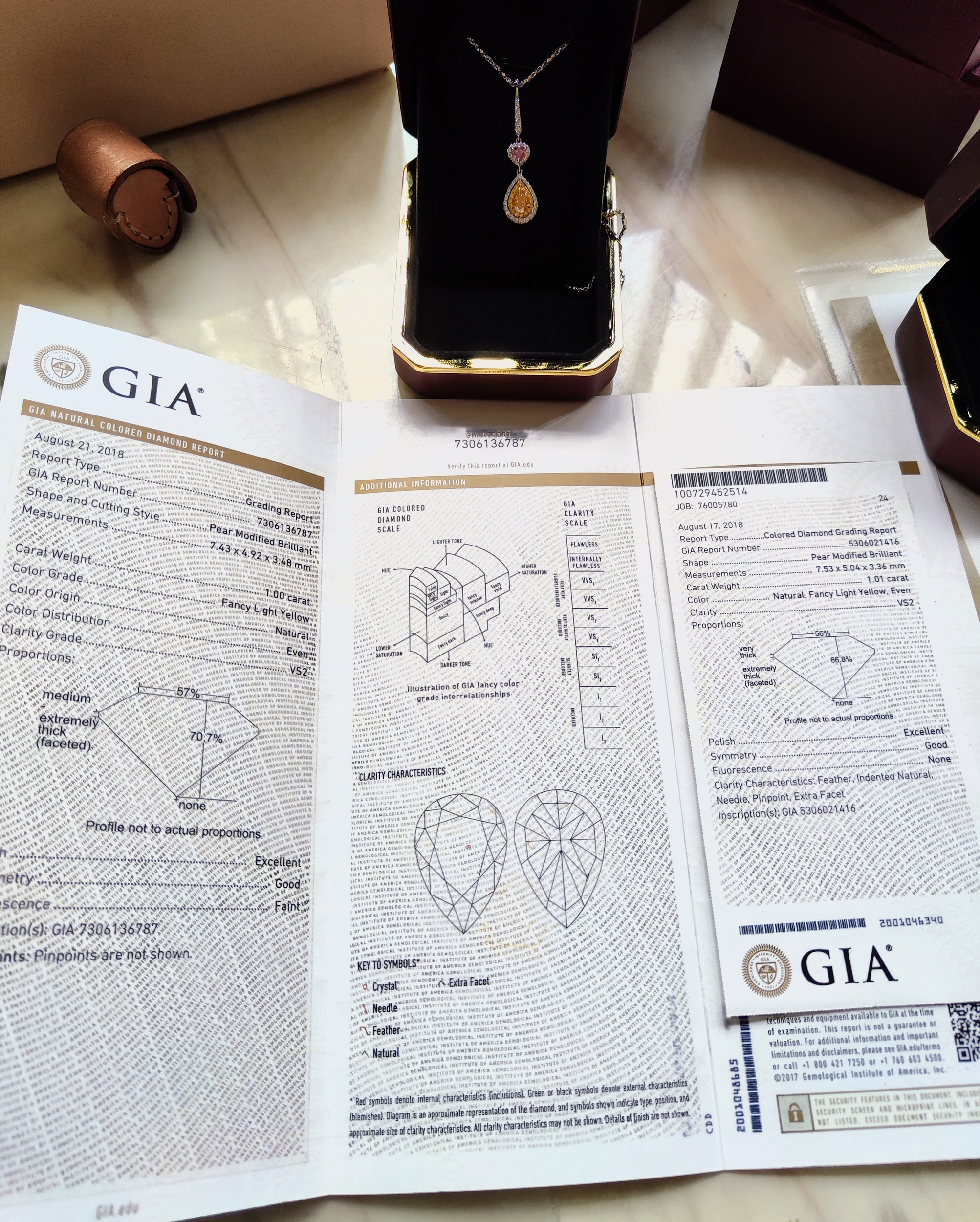 GIA黃金鑽 彩鑽 水滴形主石1.00克拉 FANCY LIGHT YELLOW 等級 配鑽 心形粉紅鑽 鑽石項鍊 4