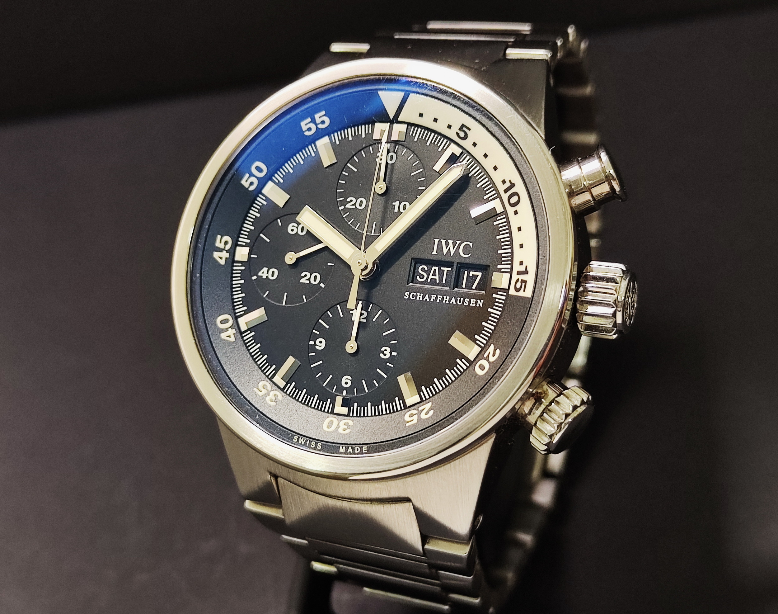 萬國 IWC 海洋時計 自動上鍊 大錶徑41mm 黑色面盤 小年曆 計時功能 旋轉內圈~原廠保單 2