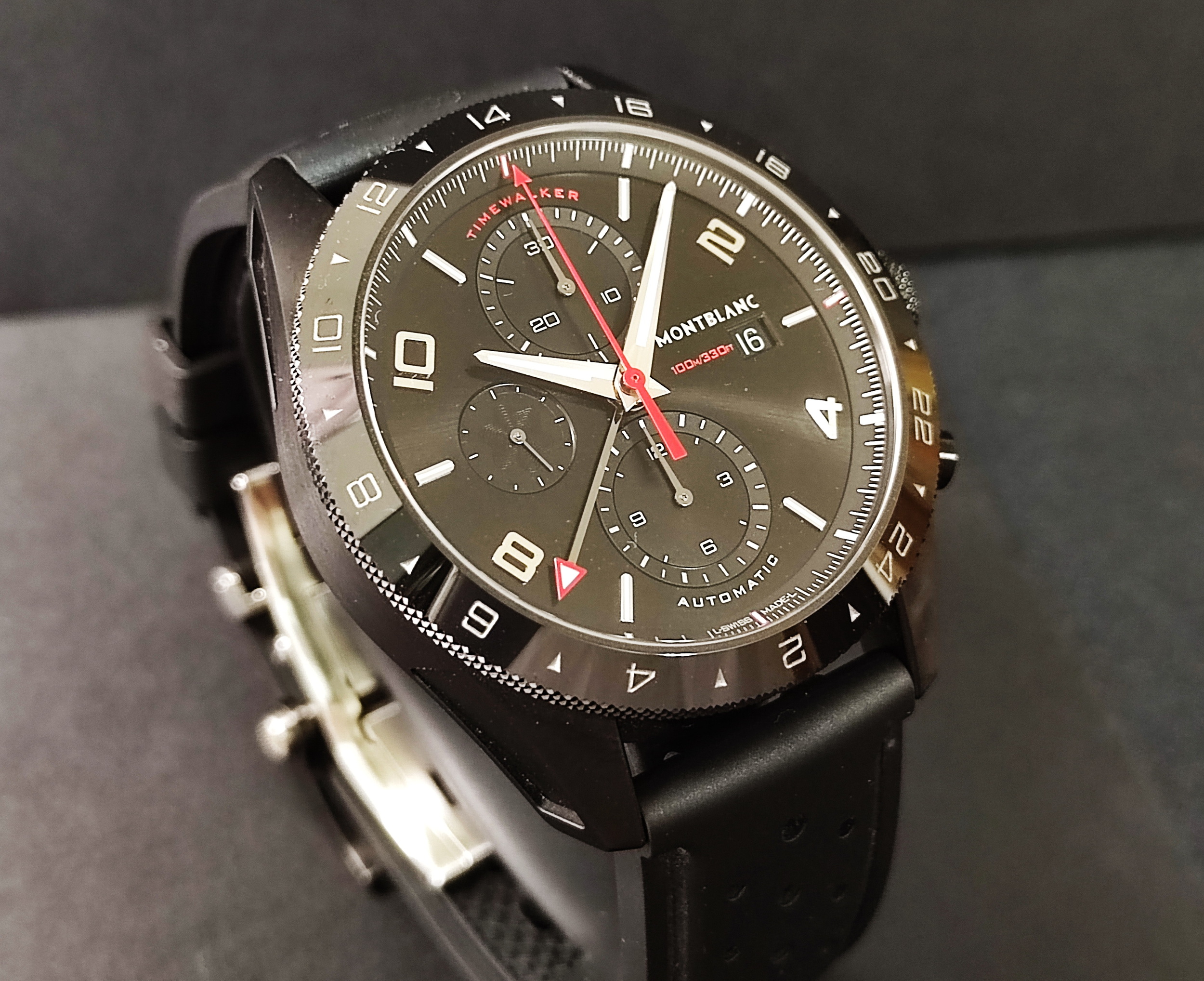 萬寶龍 TimeWalker 時光行者 黑色錶殼 大錶徑43mm 自動上鍊 兩地時間 計時功能~原廠盒單 UTC 3