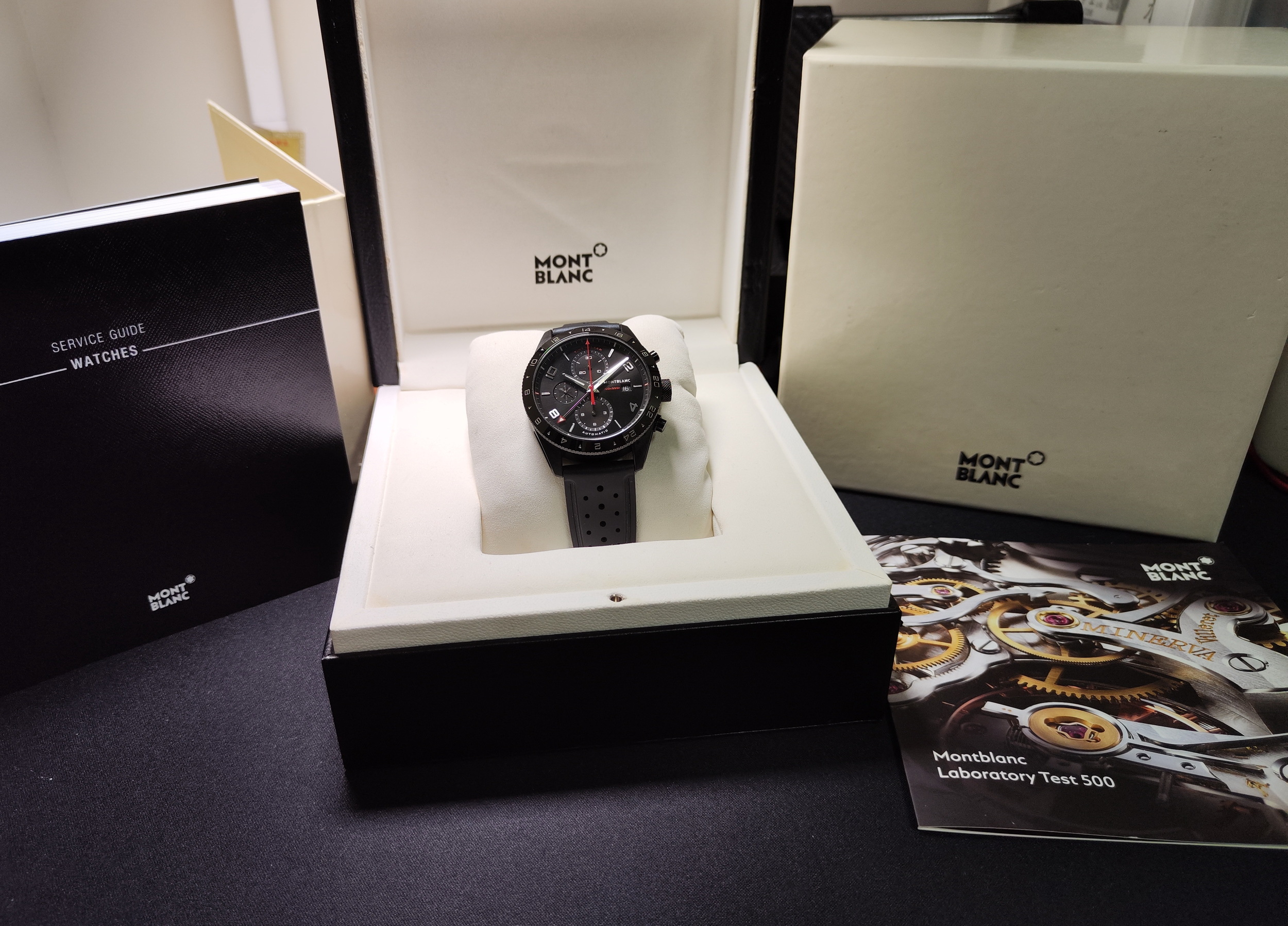 萬寶龍 TimeWalker 時光行者 黑色錶殼 大錶徑43mm 自動上鍊 兩地時間 計時功能~原廠盒單 UTC 9