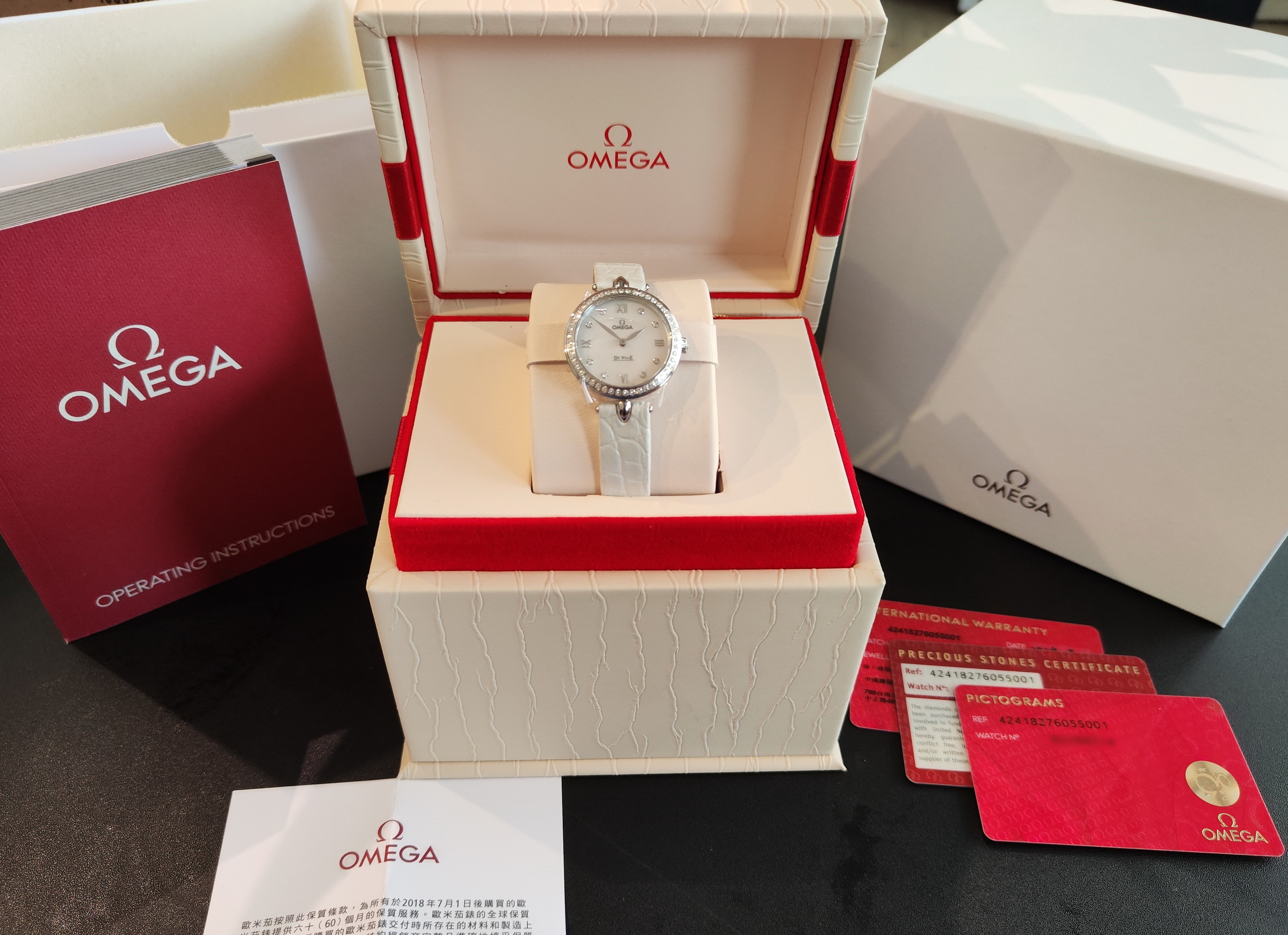 OMEGA 碟飛系列 全新 原鑲鑽圈 白色珍珠母貝面盤 錶徑27.4mm 自動上鍊~原廠盒單 國內AD 6