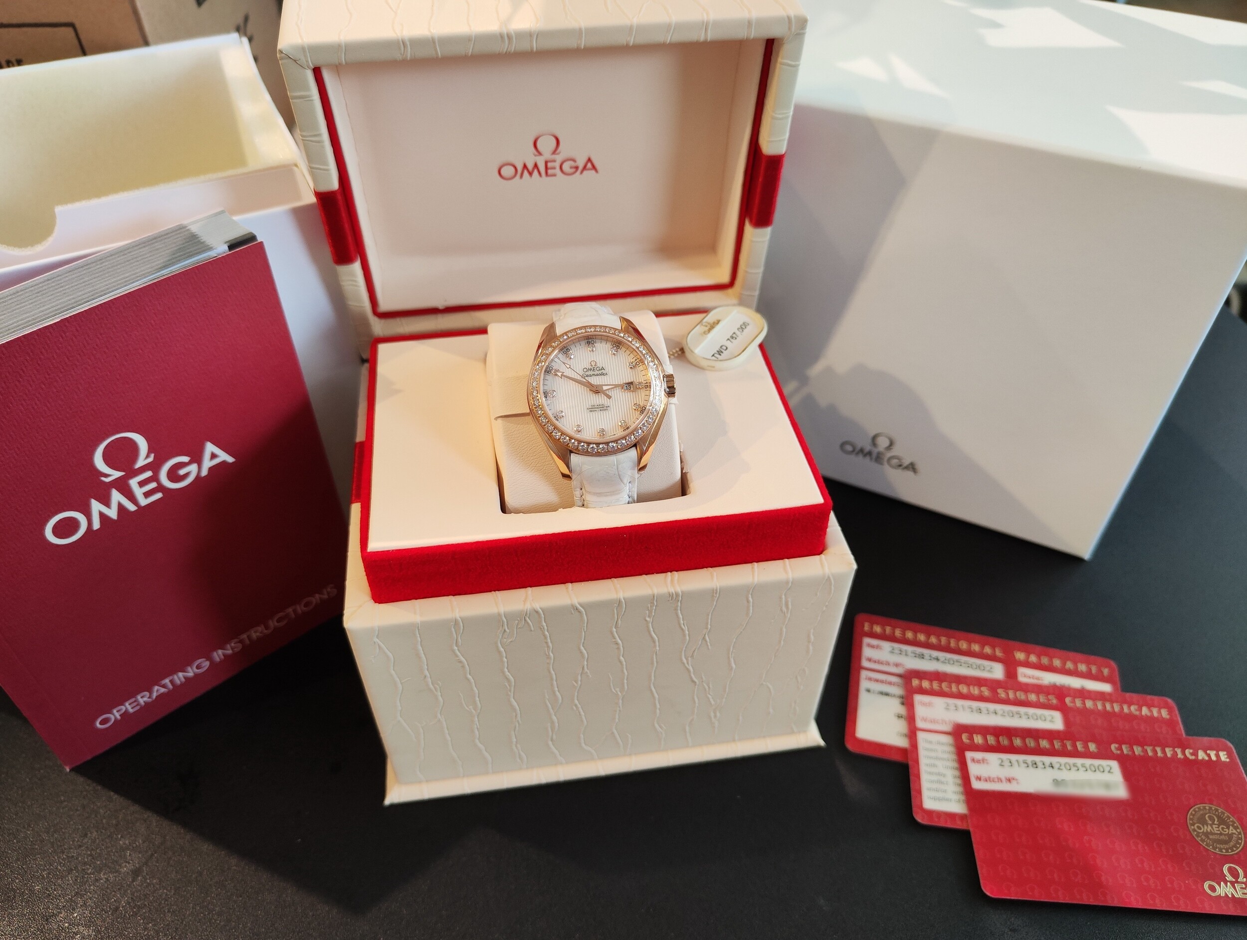 OMEGA 海馬 aqua terra 全新 玫瑰金 原鑲鑽圈 錶徑34mm 自動上鍊~2024AD 8