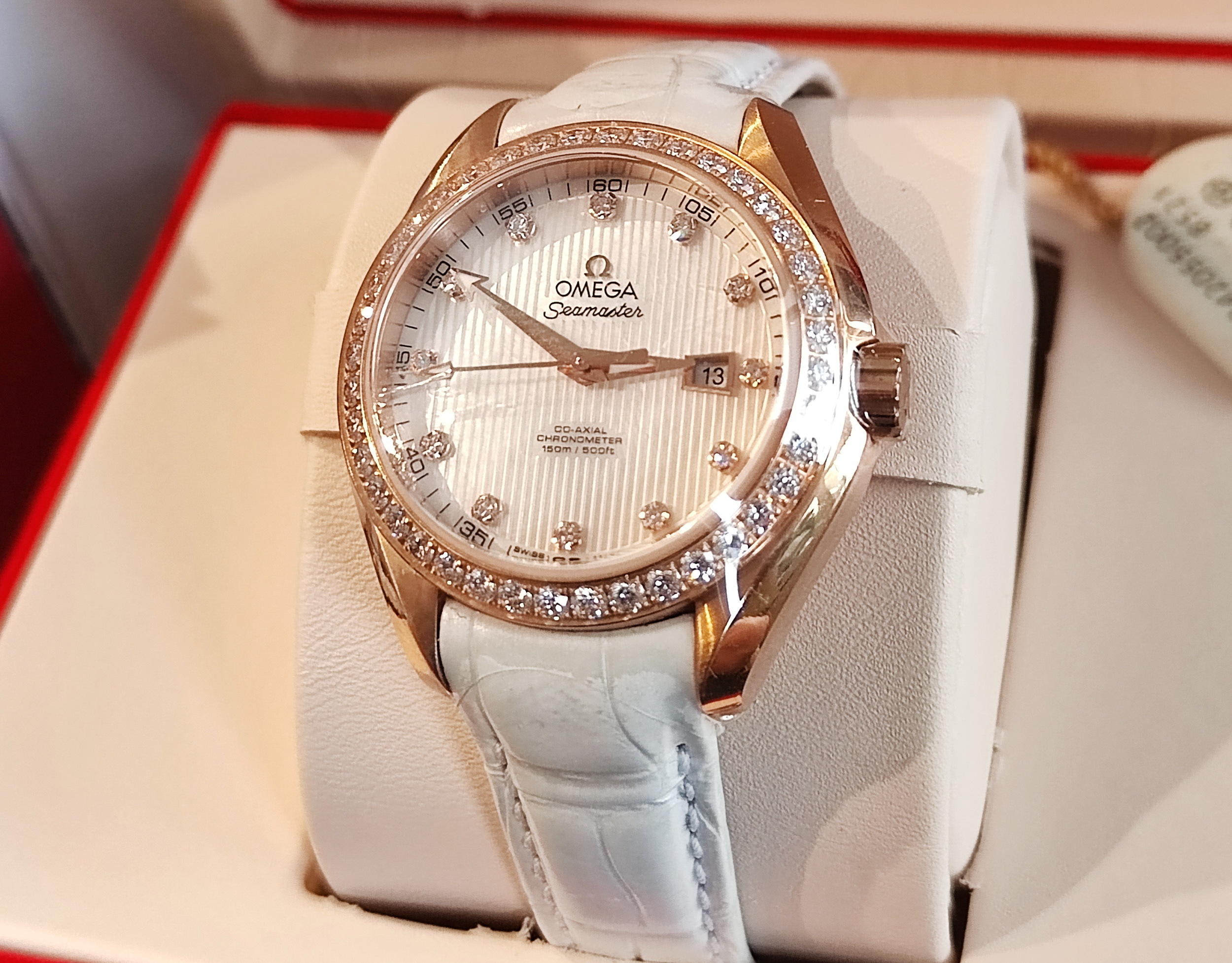 OMEGA 海馬 aqua terra 全新 玫瑰金 原鑲鑽圈 錶徑34mm 自動上鍊~2024AD 2