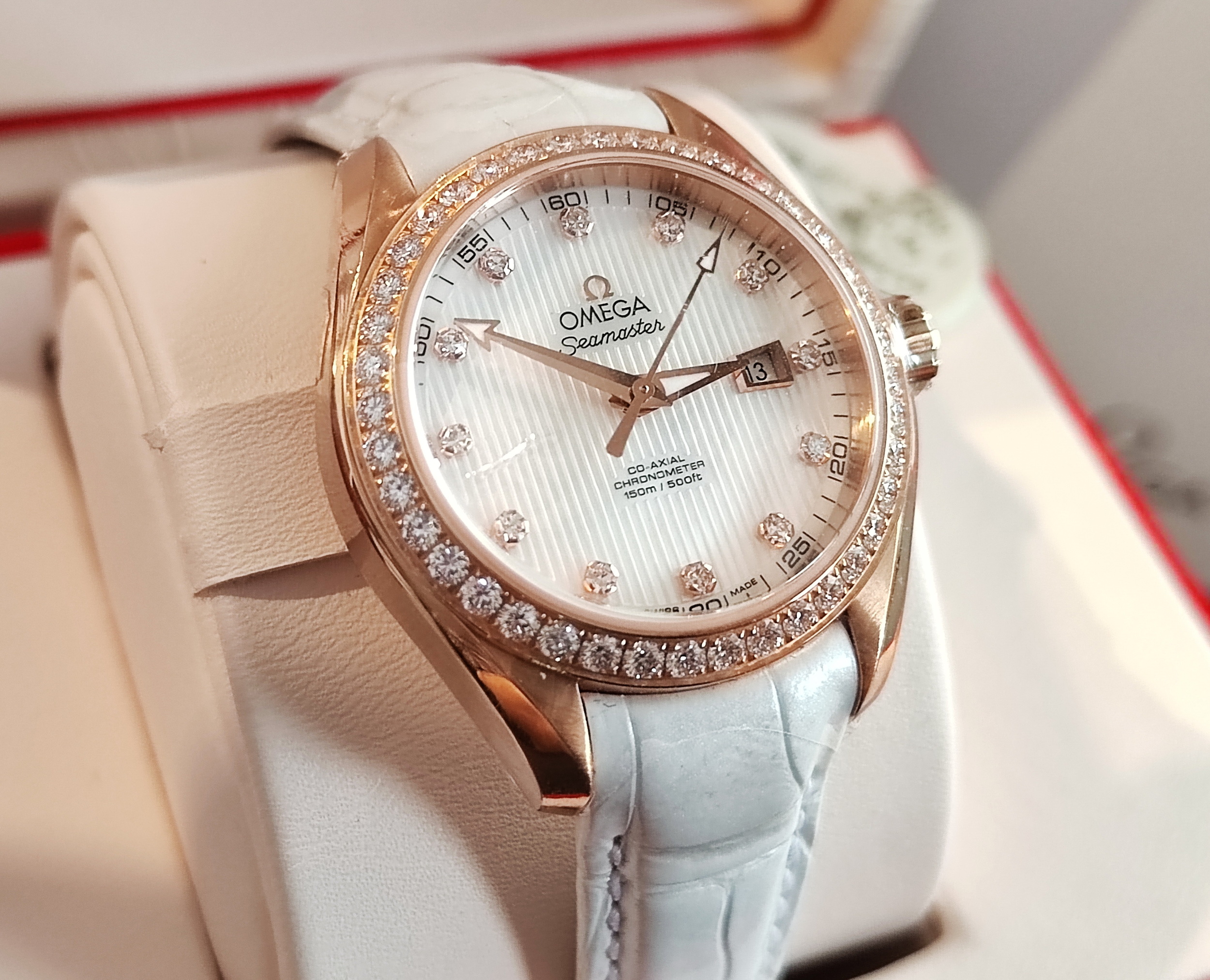 OMEGA 海馬 aqua terra 全新 玫瑰金 原鑲鑽圈 錶徑34mm 自動上鍊~2024AD 3