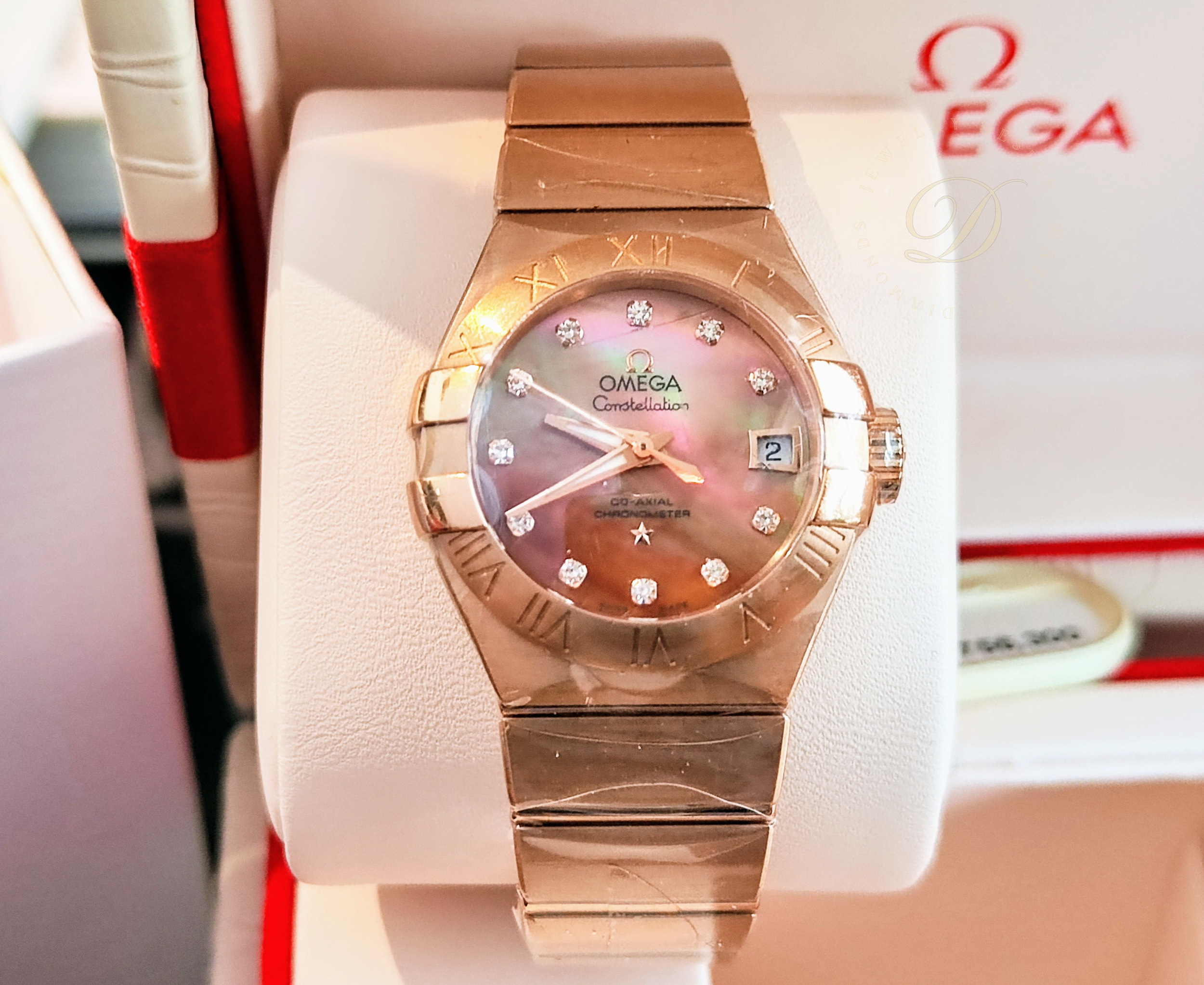 OMEGA 星座系列 玫瑰金 棕色珍珠母貝面盤 原鑲鑽刻度 錶徑27mm 自動上鍊~國內AD