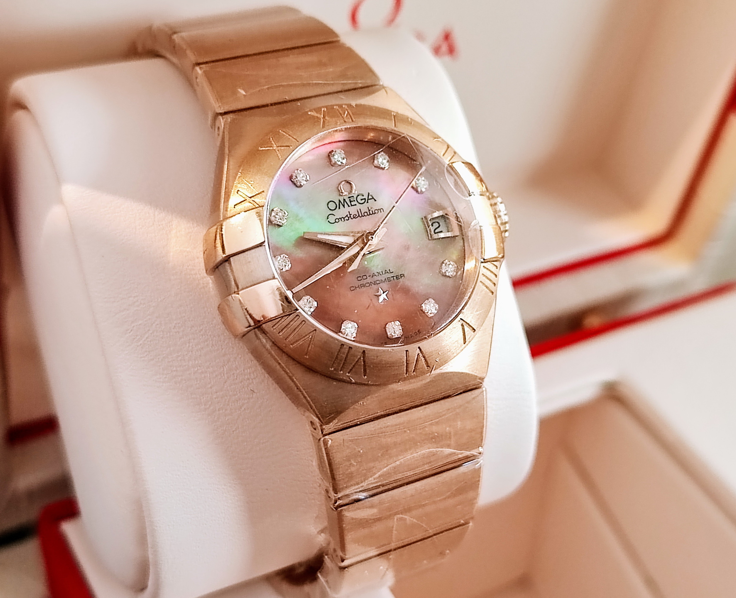 OMEGA 星座系列 玫瑰金 棕色珍珠母貝面盤 原鑲鑽刻度 錶徑27mm 自動上鍊~國內AD 3