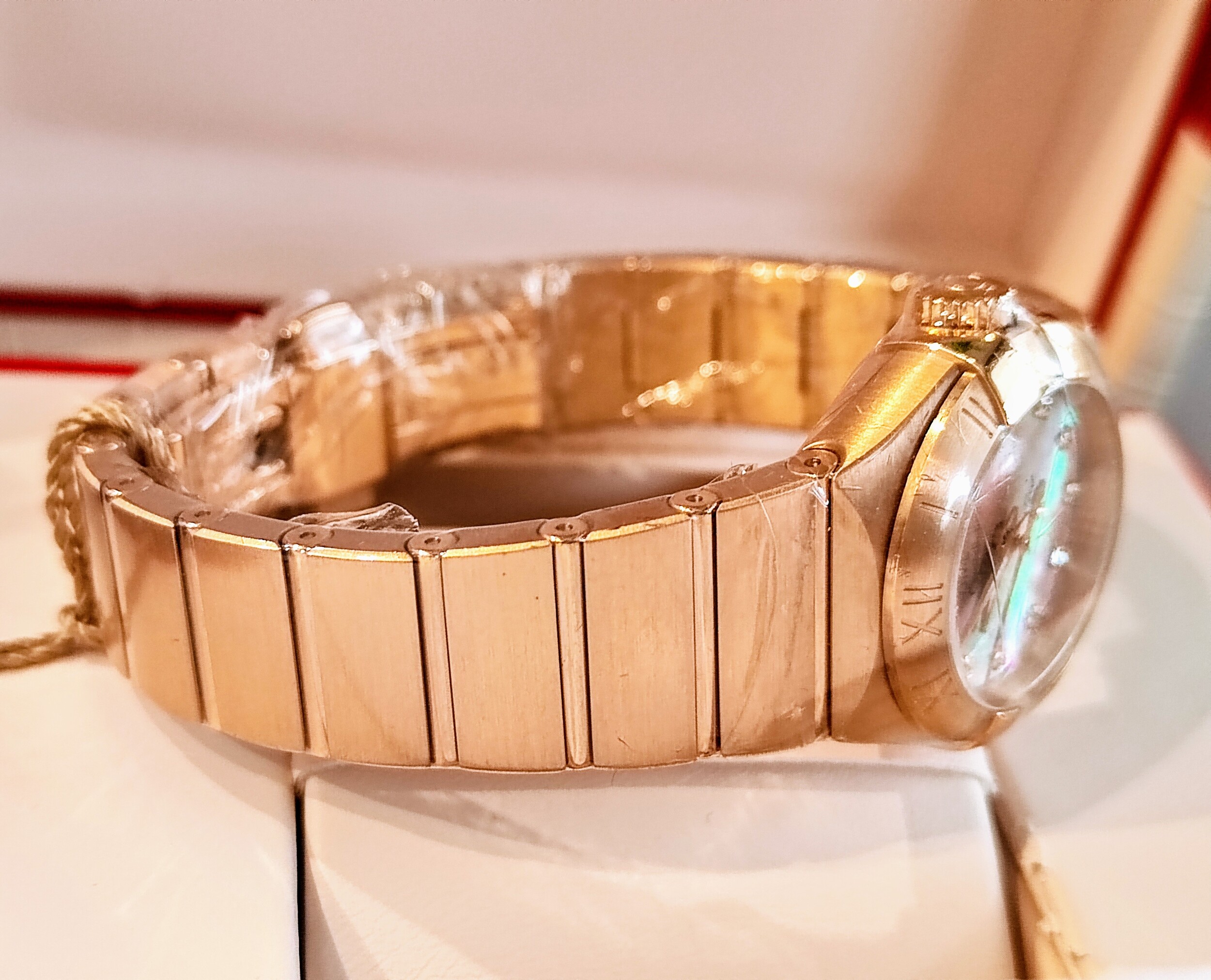 OMEGA 星座系列 玫瑰金 棕色珍珠母貝面盤 原鑲鑽刻度 錶徑27mm 自動上鍊~國內AD 4