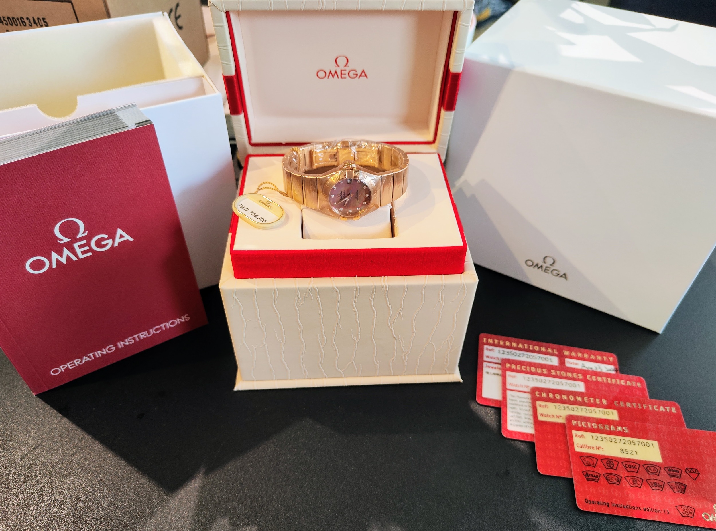 OMEGA 星座系列 玫瑰金 棕色珍珠母貝面盤 原鑲鑽刻度 錶徑27mm 自動上鍊~國內AD 6