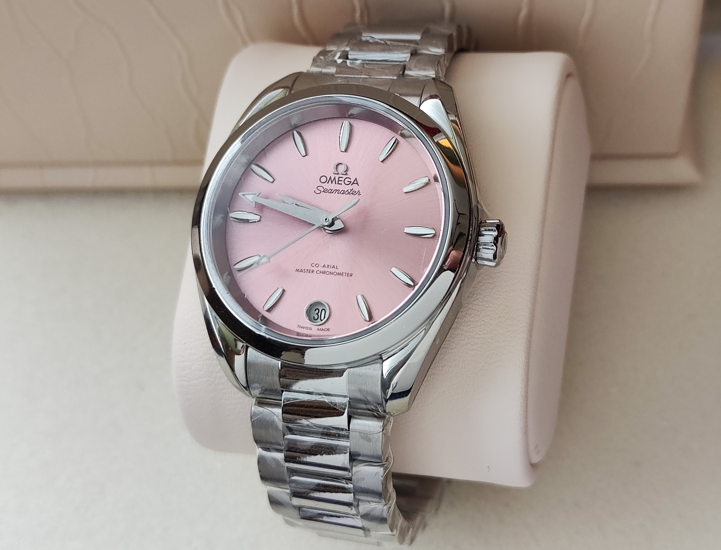 OMEGA 全新 海馬 SHADES系列 粉紅面盤 錶徑34mm 自動上鍊~原廠盒單 國內AD 3