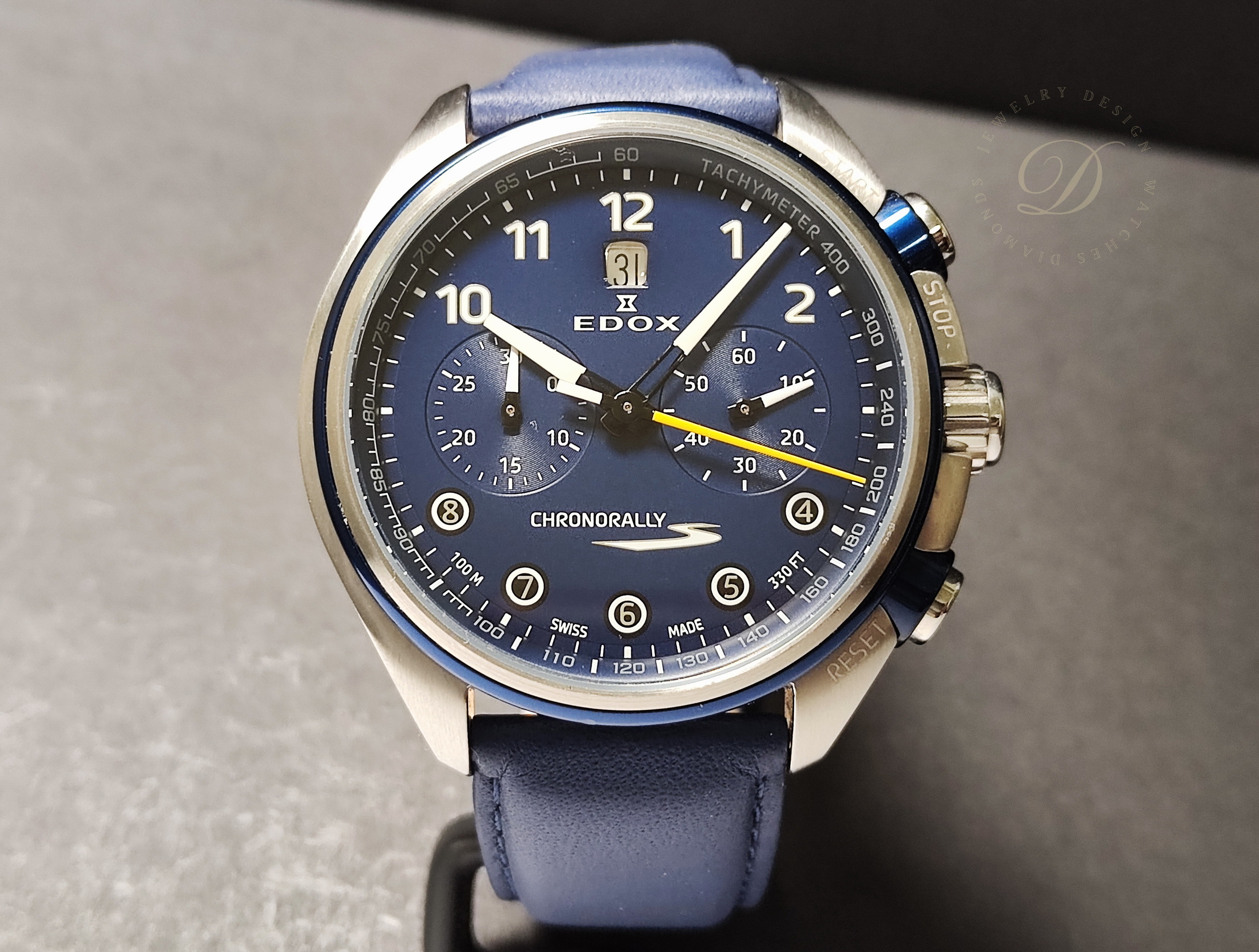EDOX 伊度錶 藍色面盤 大錶徑43mm 自動上鍊 計時功能~原廠盒單