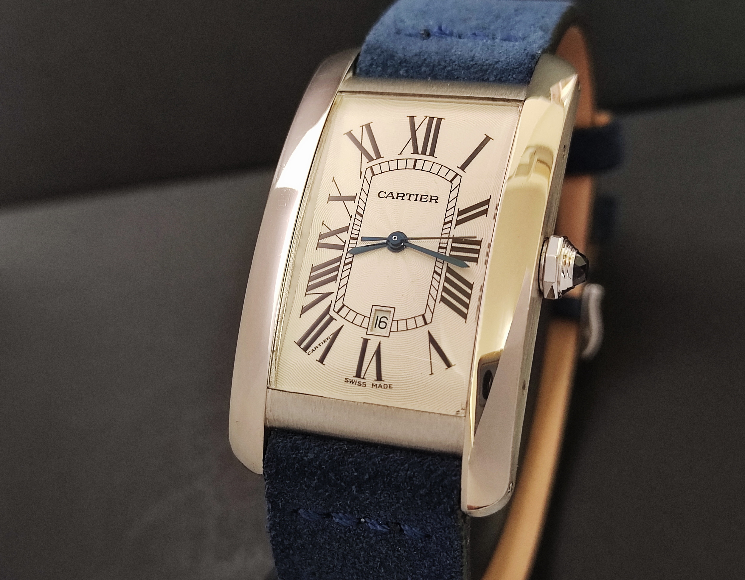 卡地亞 CARTIER 美國坦克 白K金 最大款 自動上鍊 羅馬數字~原廠盒單 Tank Américaine 2