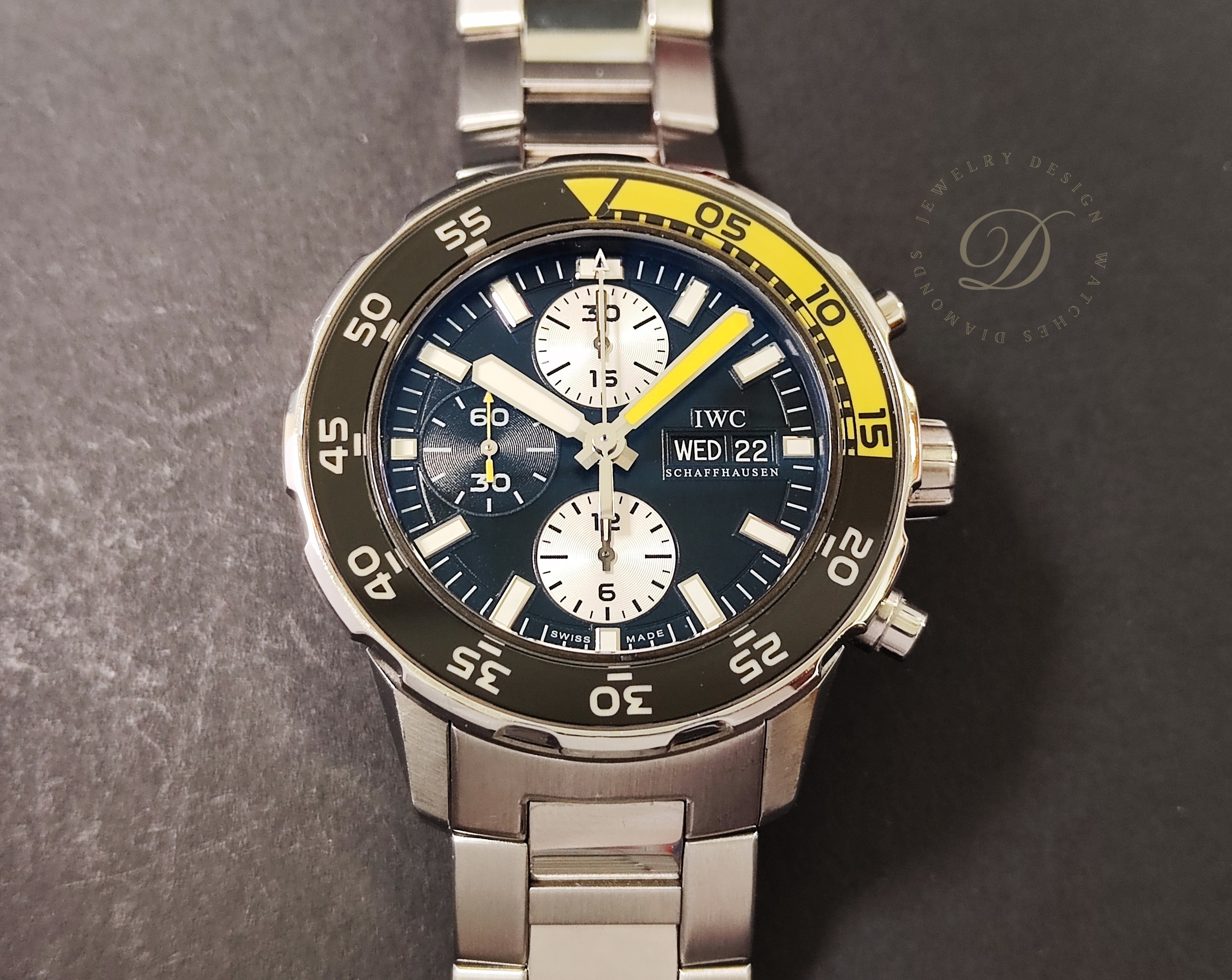 萬國 IWC 海洋時計 自動上鍊 大錶徑44mm 黑色面盤 黃色計時圈 AQUATIMER 計時功能~原廠保單