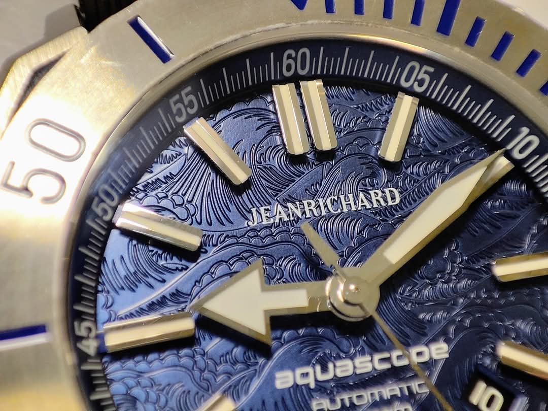 Jean Richard 尚維沙 Aquascope 浮世繪雕刻 藍色面盤 大錶徑44mm 自動上鍊 絕版釋出~原廠盒單 JR DJR 2
