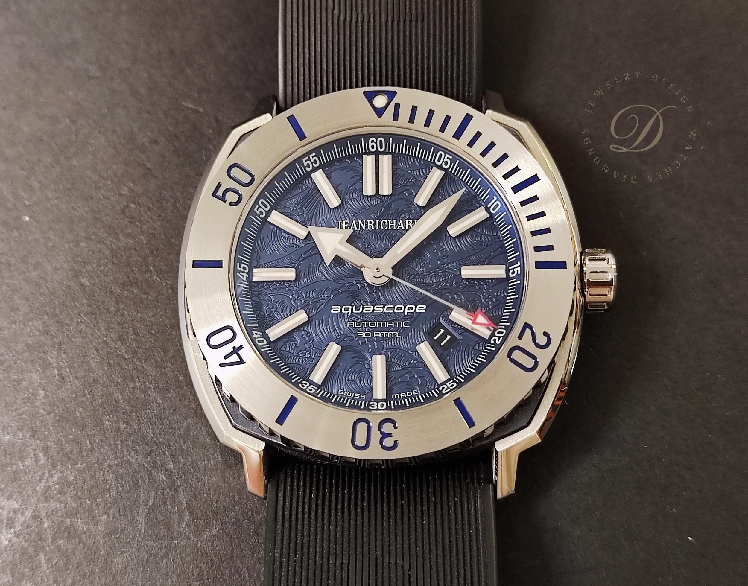 Jean Richard 尚維沙 Aquascope 浮世繪雕刻 藍色面盤 大錶徑44mm 自動上鍊 絕版釋出~原廠盒單 JR DJR