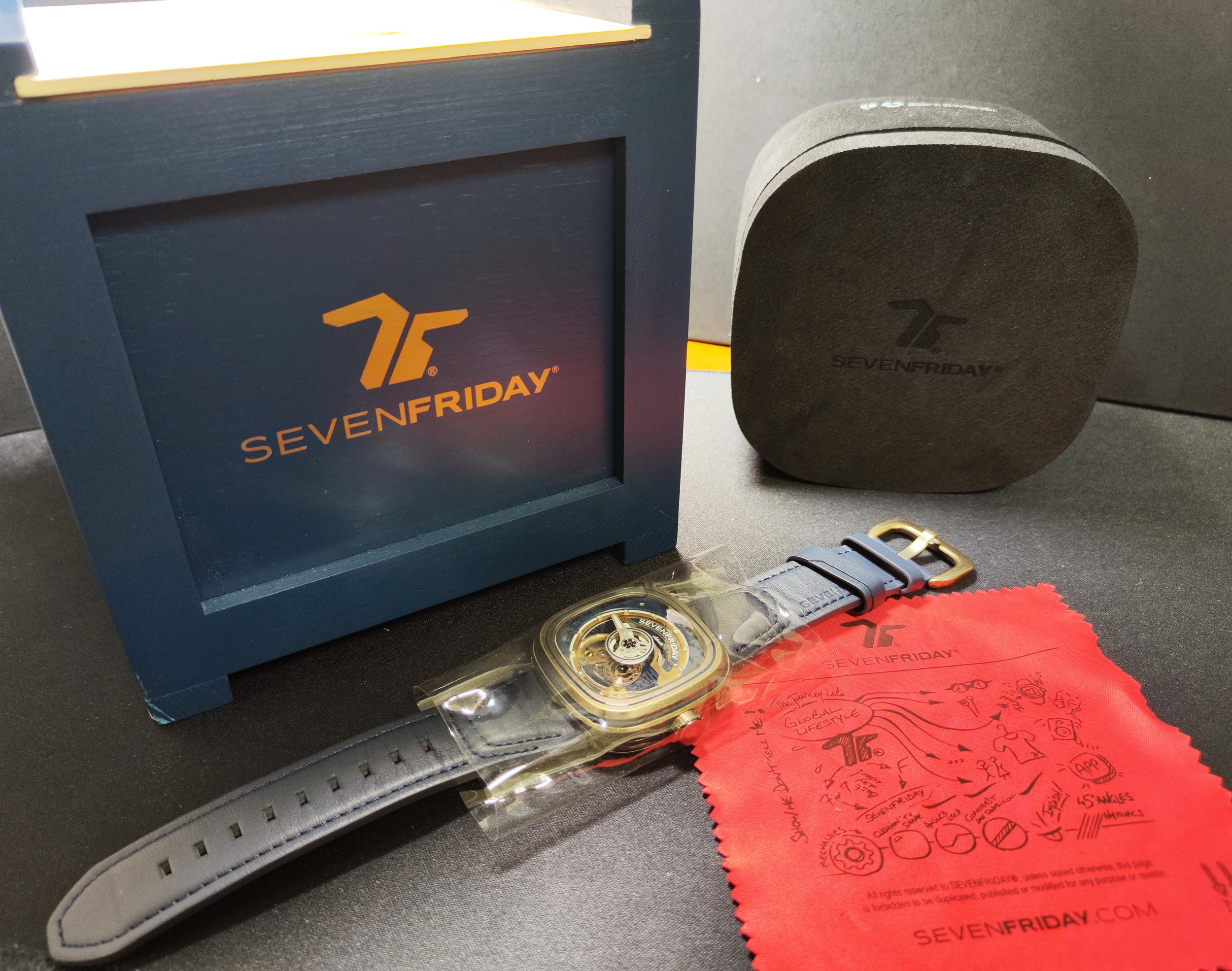 SEVENFRIDAY 全新 PS1/04 黃銅錶殼 全球限量款 海軍藍 鏤空面盤 自動上鍊 復古風格~原廠盒單 2025AD 8