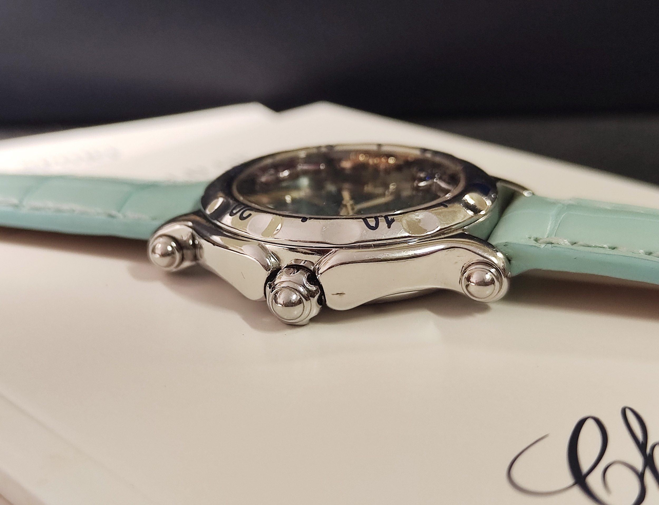 蕭邦 CHOPARD 快樂魚 粉綠面盤 錶徑32mm 石英機芯 紅/藍/黃三寶石魚 快樂鑽~原廠盒單 4