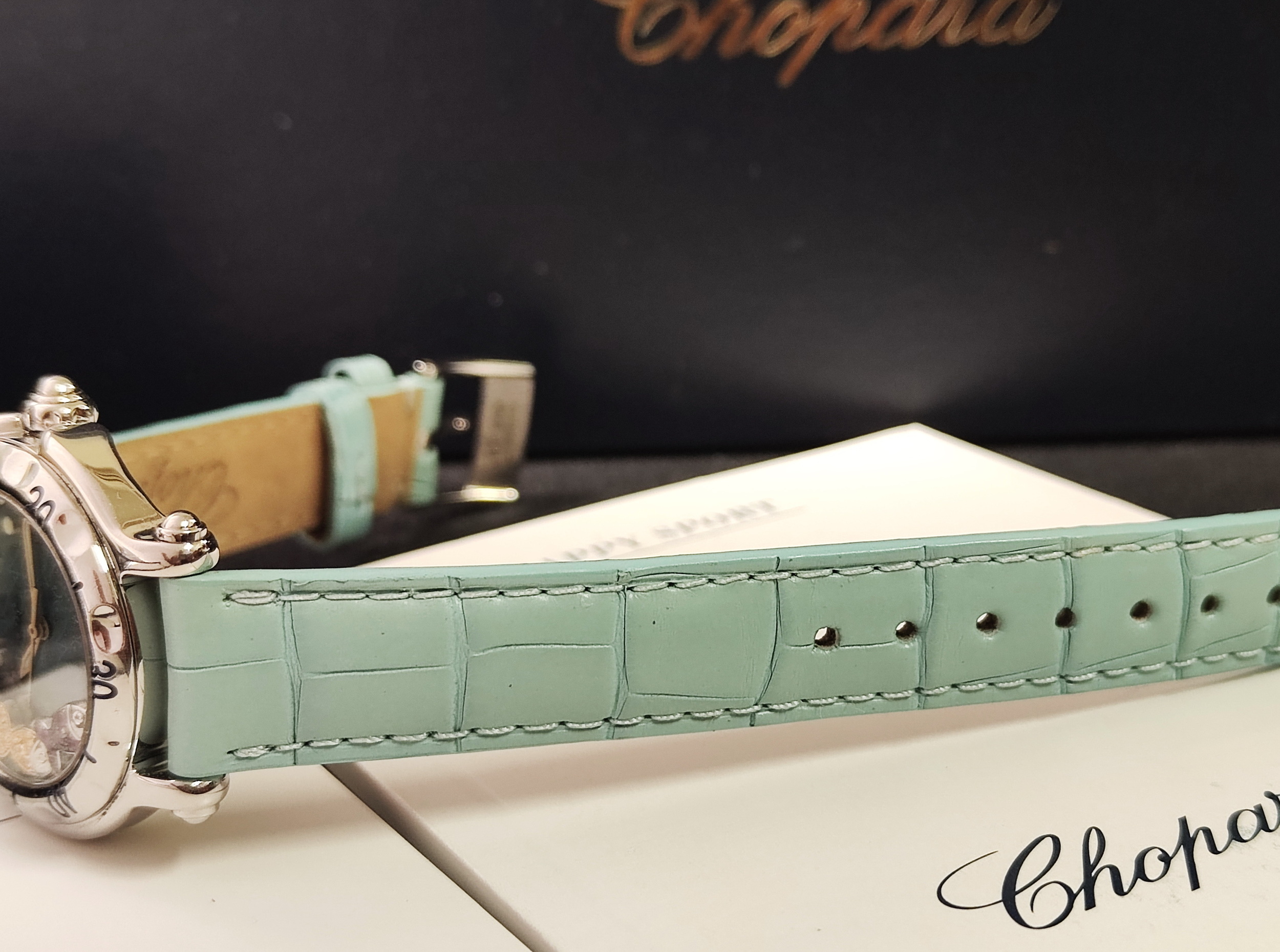 蕭邦 CHOPARD 快樂魚 粉綠面盤 錶徑32mm 石英機芯 紅/藍/黃三寶石魚 快樂鑽~原廠盒單 6