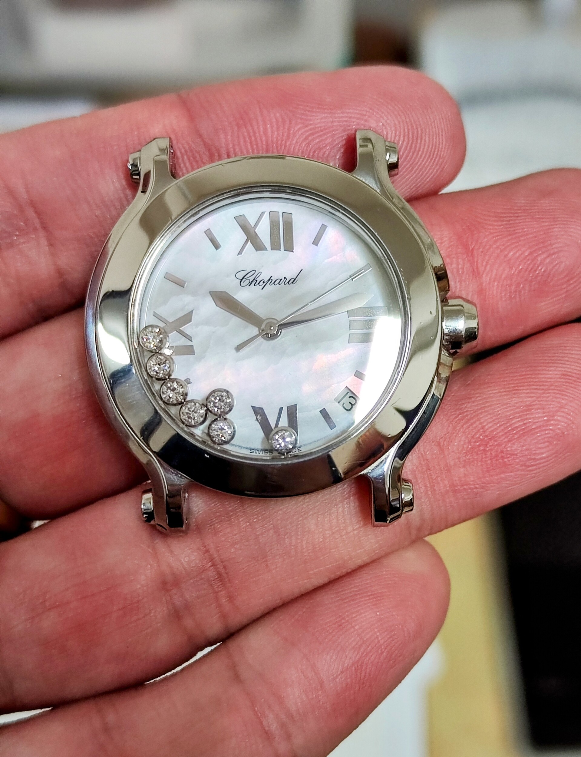 蕭邦 CHOPARD 快樂鑽 白色珍珠母貝面盤 錶徑36mm 石英機芯 原鑲7顆跑鑽~原廠盒單 國內AD 8