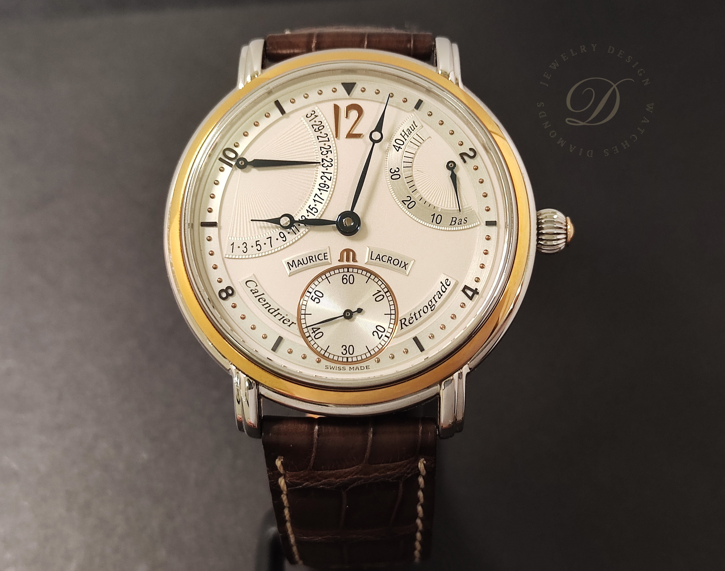 艾美 逆跳面盤 黃K金錶圈 大錶徑43mm 手動上鍊 動能顯示~原廠盒單 MAURICE LACROIX