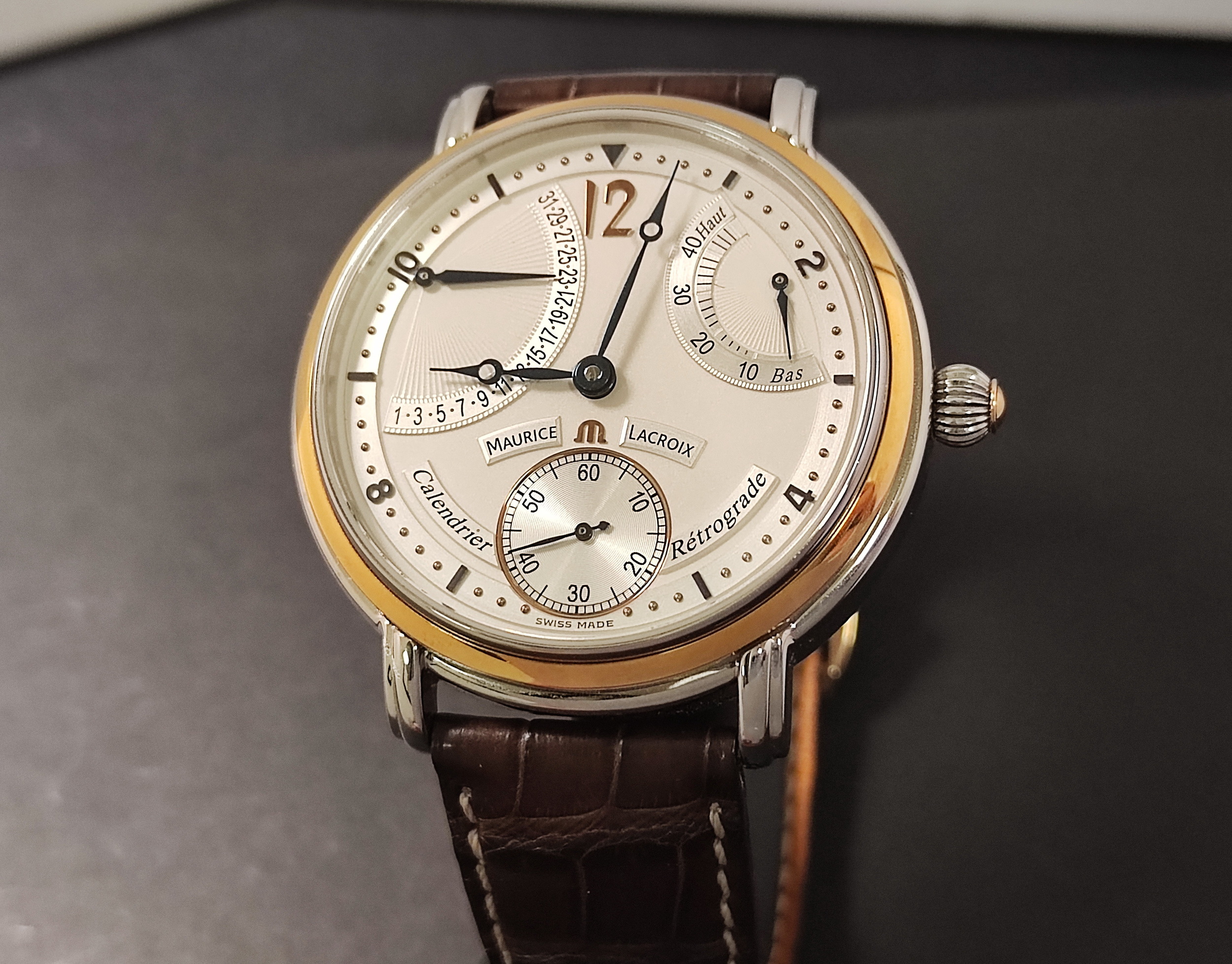 艾美 逆跳面盤 黃K金錶圈 大錶徑43mm 手動上鍊 動能顯示~原廠盒單 MAURICE LACROIX 2